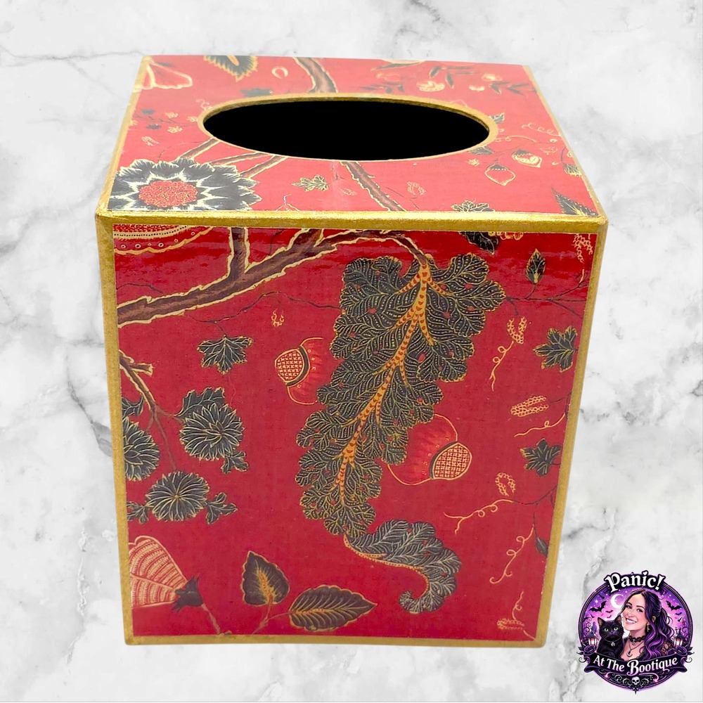 Maria Holt Designs Tissue Box Cover Red Floral‎ Chintz Gold Trim Square Cube USA